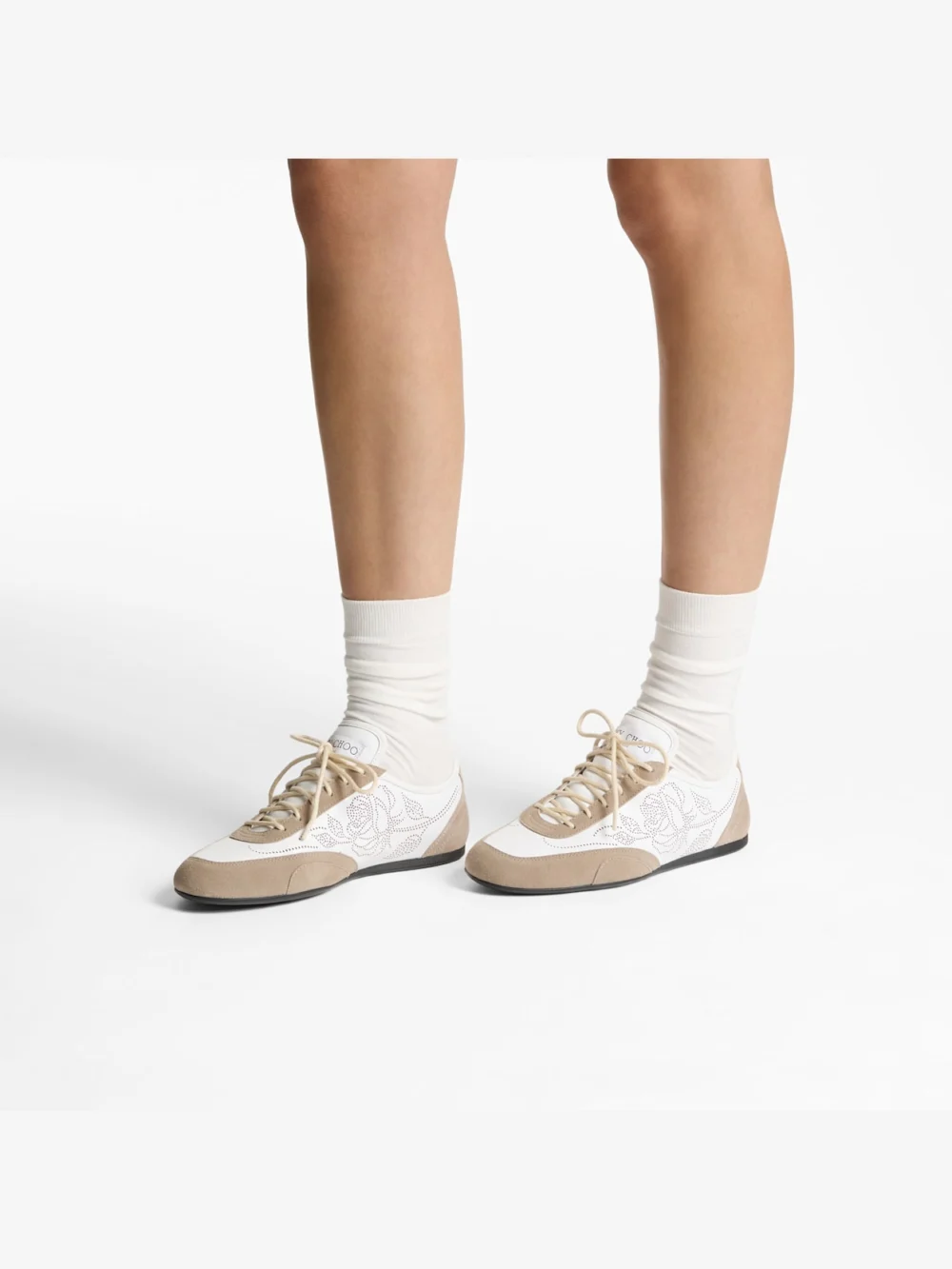 Side view of the Jimmy Choo Sunny F White and Stone Leather Mix and Perforated Leather Low Top Trainers