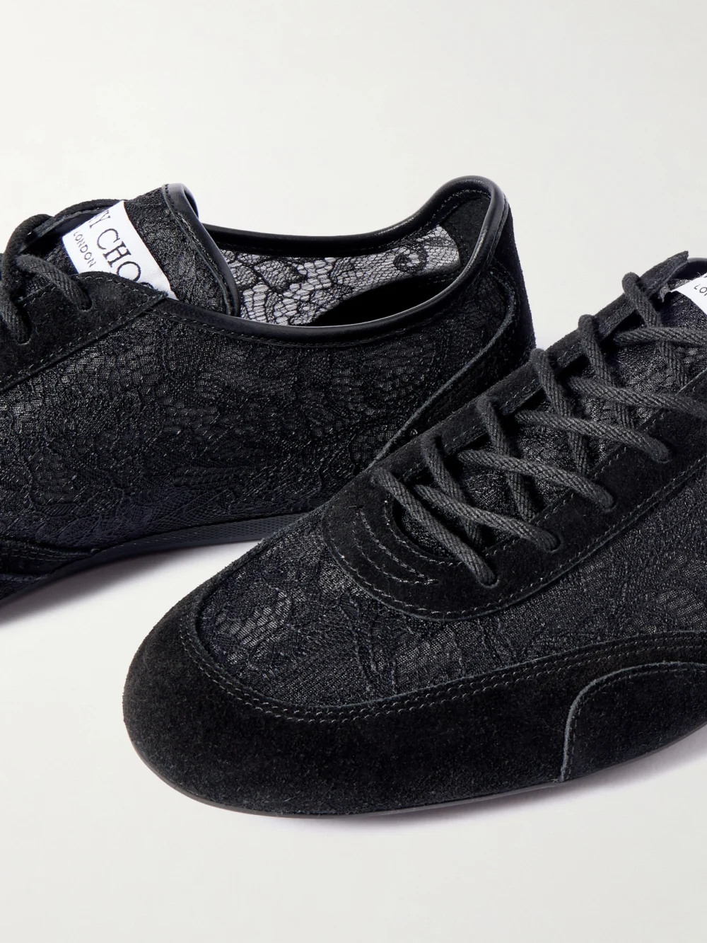 Close-up detail of the Jimmy Choo Sunny Leather-trimmed Suede and Lace Sneakers