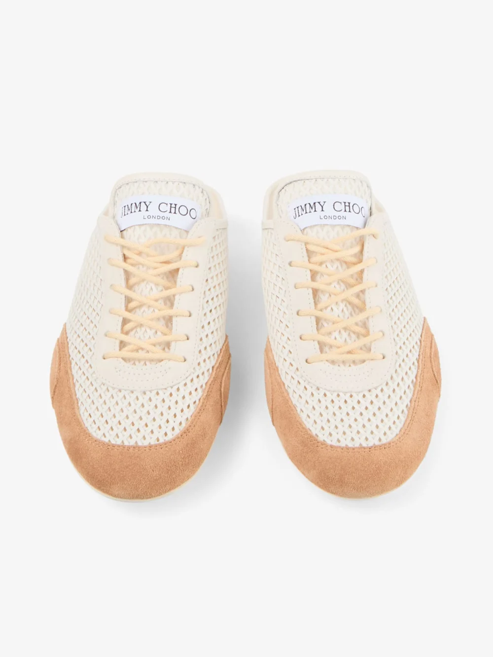 Back view of the Jimmy Choo Sunny Mule F Latte and Toffee Leather Mix and Diamond Mesh Low Top Mule Trainers