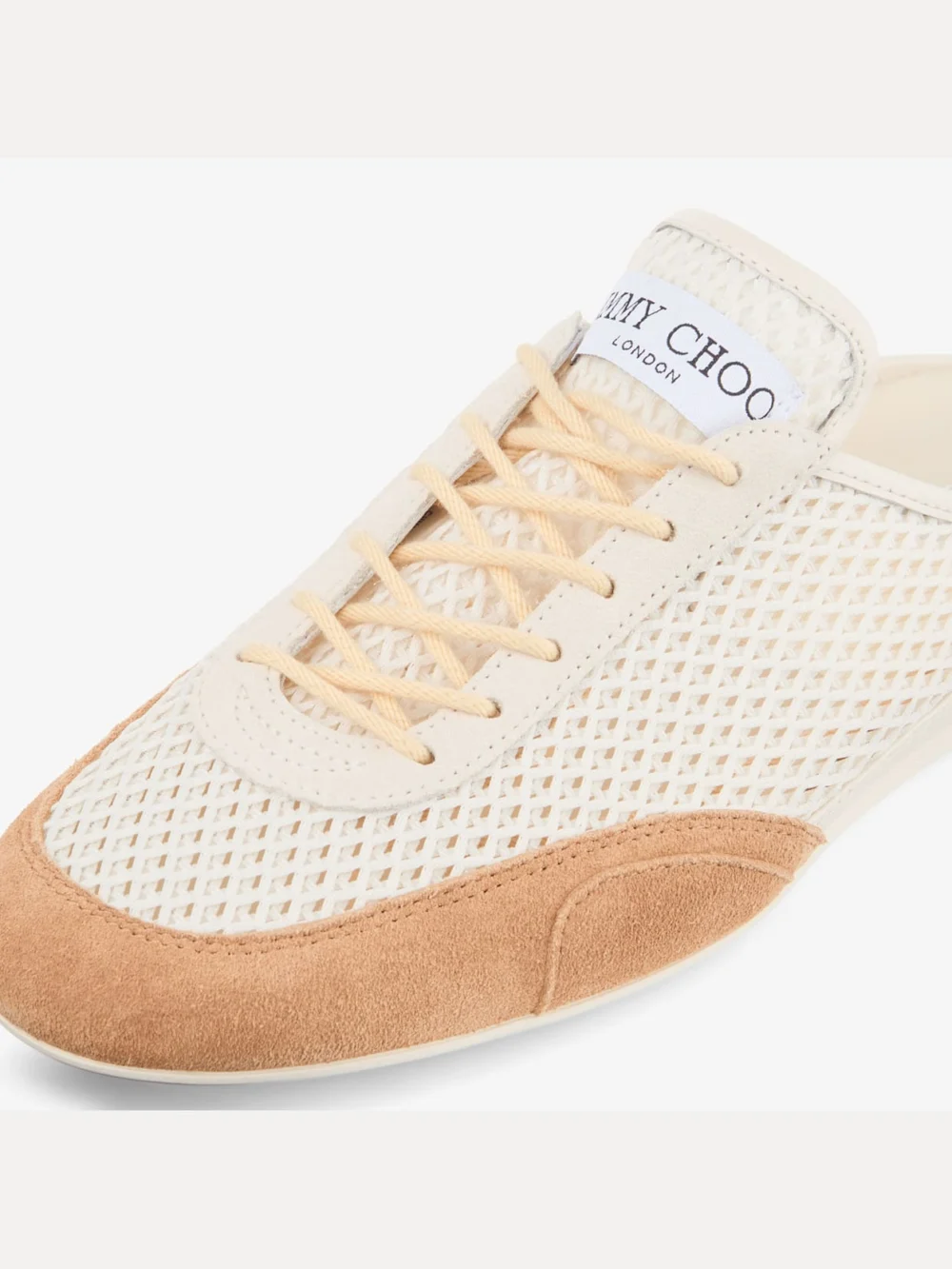 Close-up detail of the Jimmy Choo Sunny Mule F Latte and Toffee Leather Mix and Diamond Mesh Low Top Mule Trainers