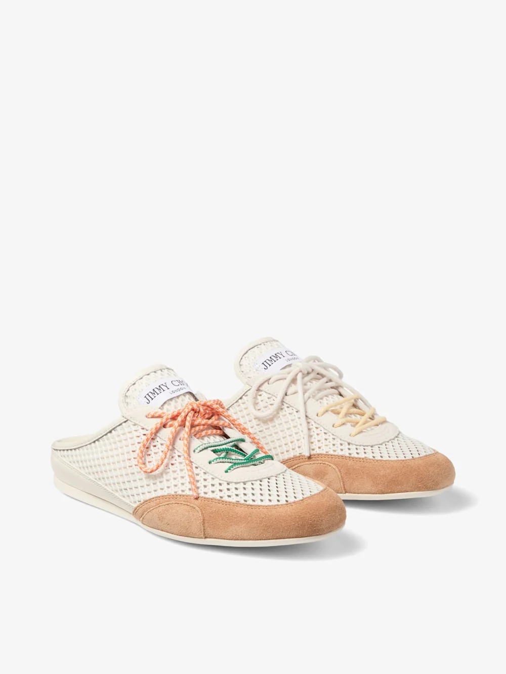 Side view of the Jimmy Choo Sunny Mule F Latte and Toffee Leather Mix and Diamond Mesh Low Top Mule Trainers