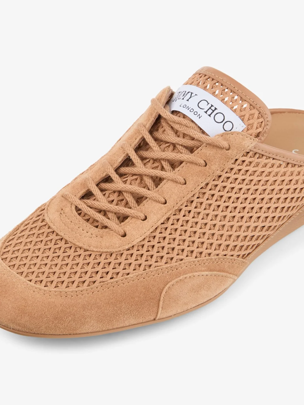 Back view of the Jimmy Choo Sunny Mule F Toffee Leather Mix and Diamond Mesh Low Top Mule Trainers