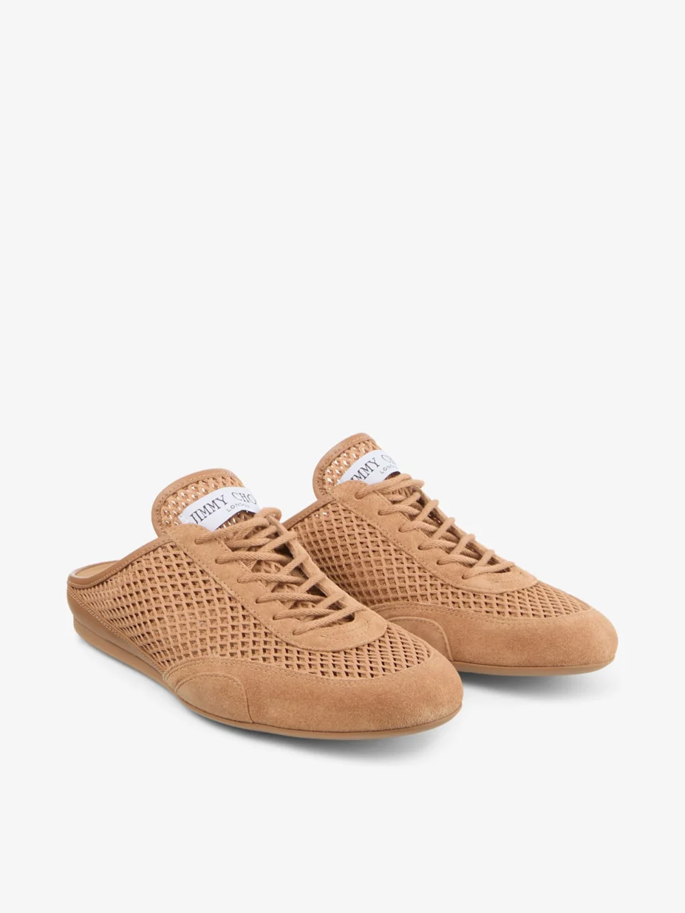 Close-up detail of the Jimmy Choo Sunny Mule F Toffee Leather Mix and Diamond Mesh Low Top Mule Trainers