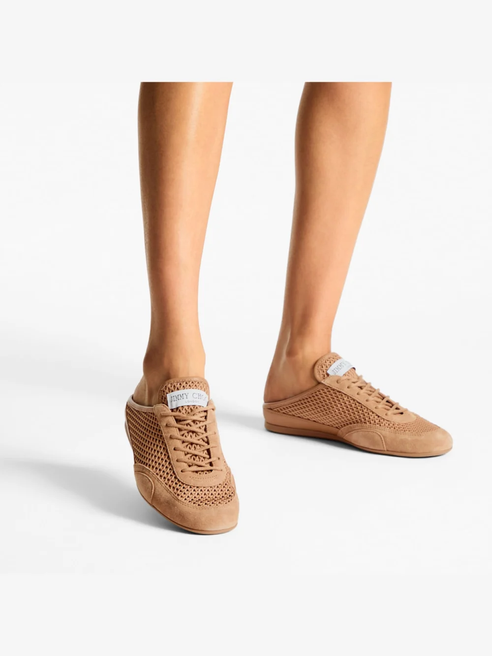 Side view of the Jimmy Choo Sunny Mule F Toffee Leather Mix and Diamond Mesh Low Top Mule Trainers