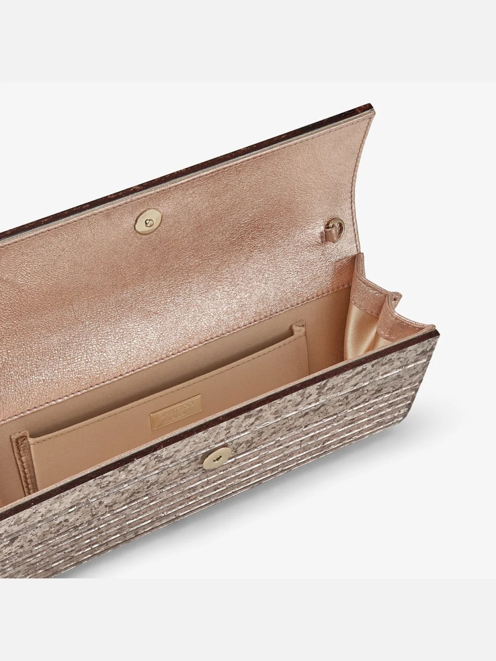 Back view of the Jimmy Choo Sweetie Ballet Pink Shadow Coarse Glitter Acrylic Clutch Bag