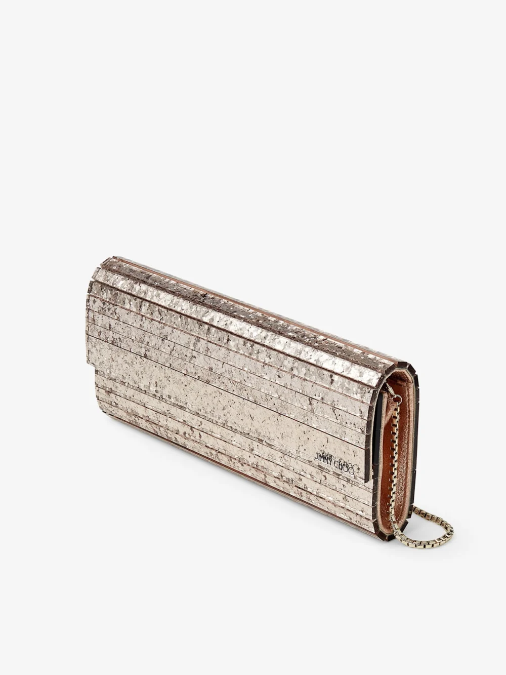 Side view of the Jimmy Choo Sweetie Ballet Pink Shadow Coarse Glitter Acrylic Clutch Bag