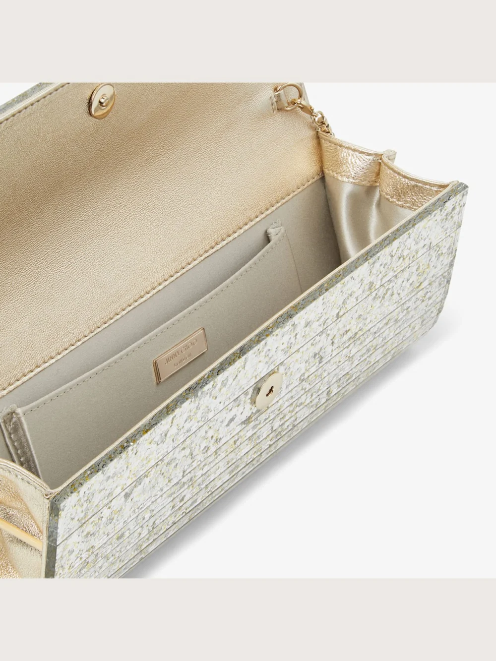 Back view of the Jimmy Choo Sweetie Champagne Coarse Glitter Acrylic Clutch Bag