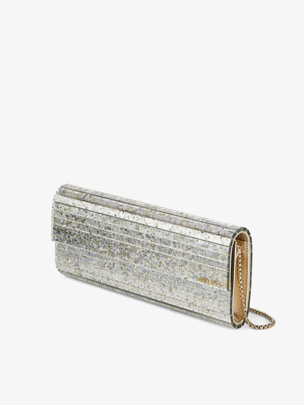 Side view of the Jimmy Choo Sweetie Champagne Coarse Glitter Acrylic Clutch Bag