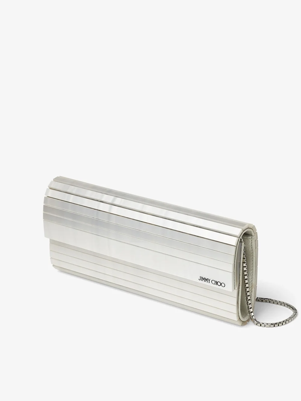 Side view of the Jimmy Choo Sweetie Ivory Mother of Pearl Clutch Bag with Silver Chain Strap