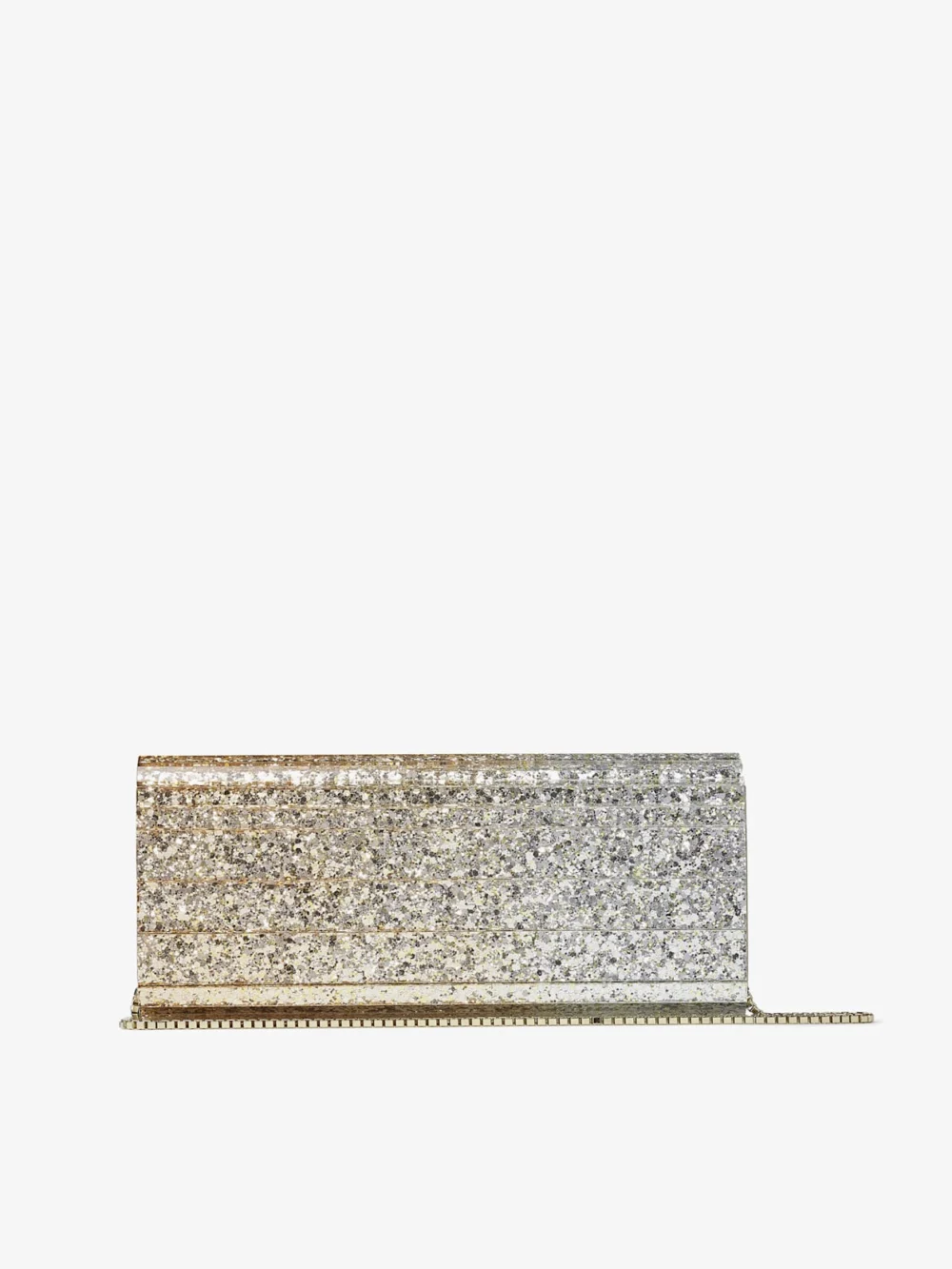 Back view of the Jimmy Choo Sweetie Metallic Dégradé Glitter Plexi Clutch Bag