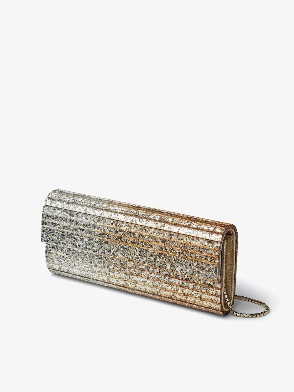 Side view of the Jimmy Choo Sweetie Metallic Dégradé Glitter Plexi Clutch Bag