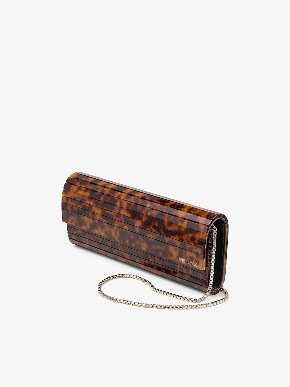 Close-up detail of the Jimmy Choo Sweetie Tortoiseshell Acrylic Clutch Bag