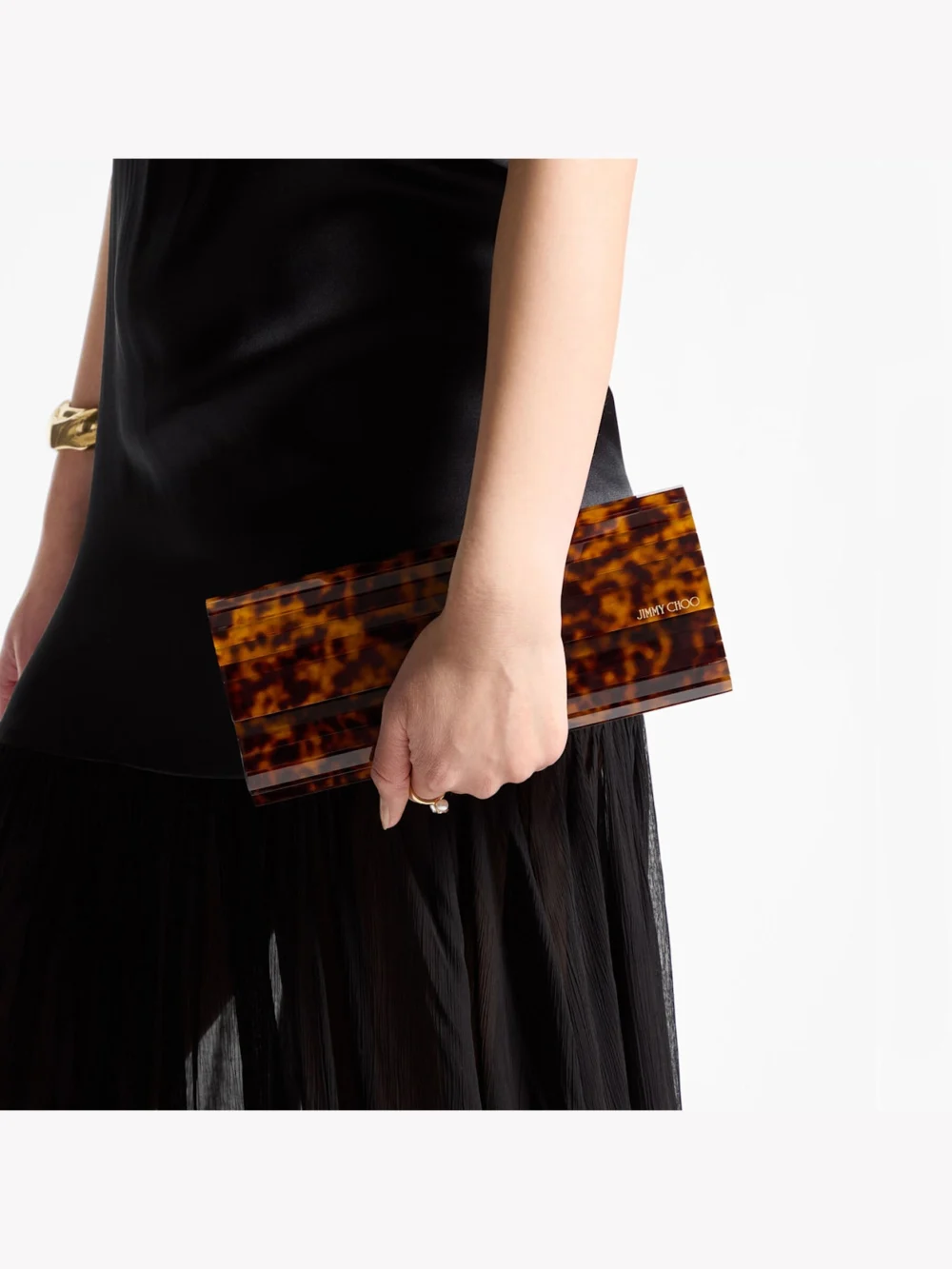 Side view of the Jimmy Choo Sweetie Tortoiseshell Acrylic Clutch Bag