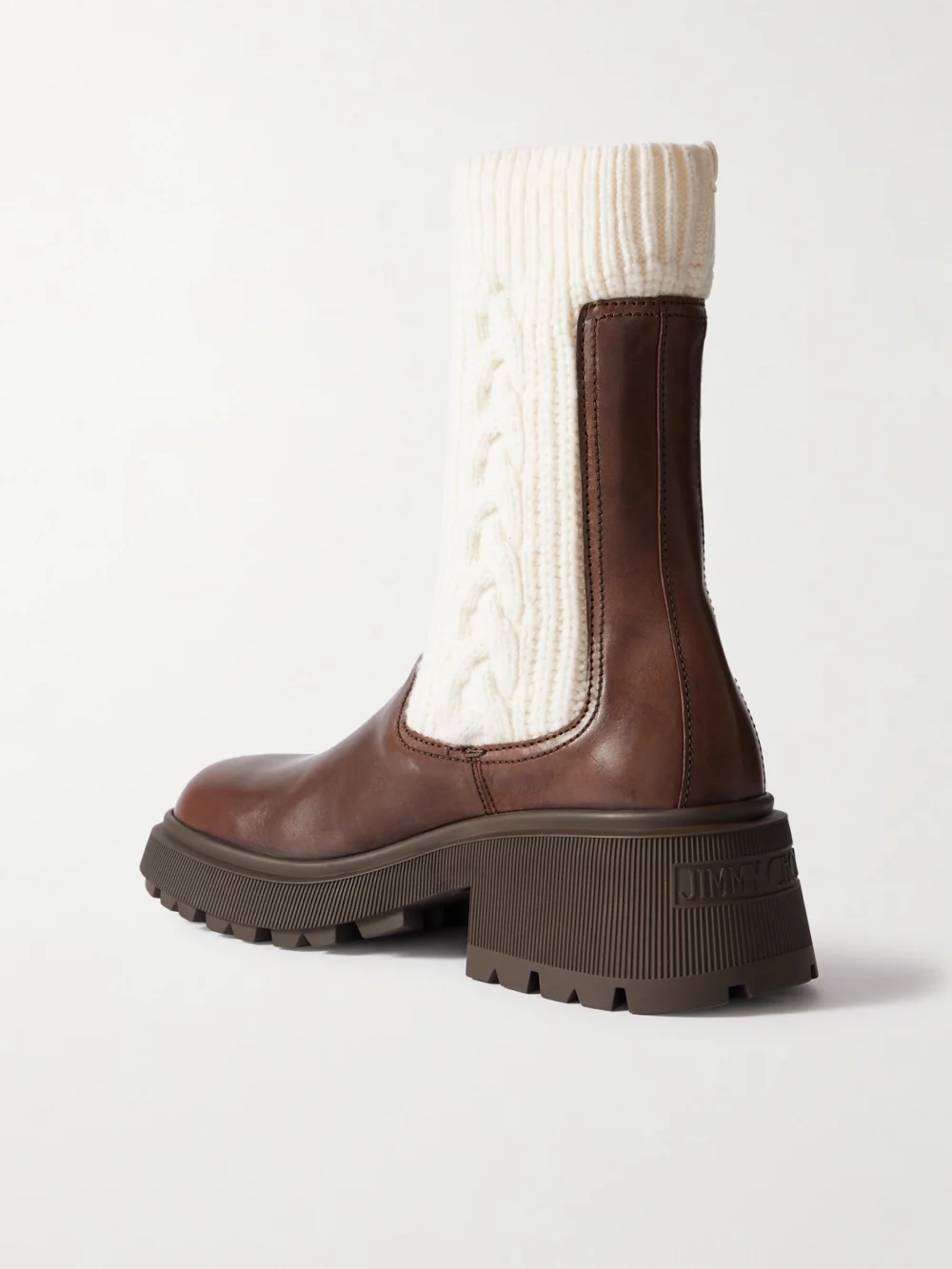 Back view of the Jimmy Choo Tamia 70 Cable-knit Wool and Leather Chelsea Boots