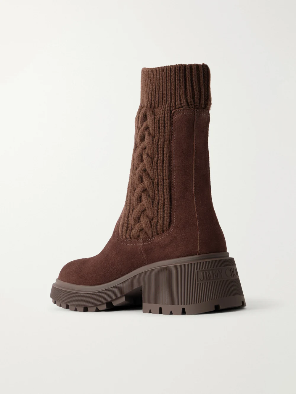 Back view of the Jimmy Choo Tamia 70 Cable-knit Wool and Suede Chelsea Boots