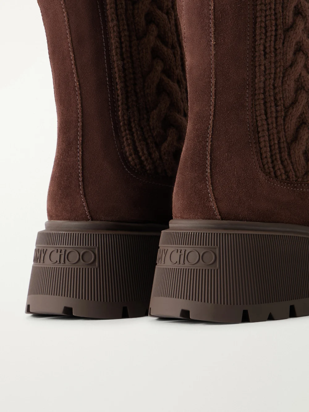 Close-up detail of the Jimmy Choo Tamia 70 Cable-knit Wool and Suede Chelsea Boots