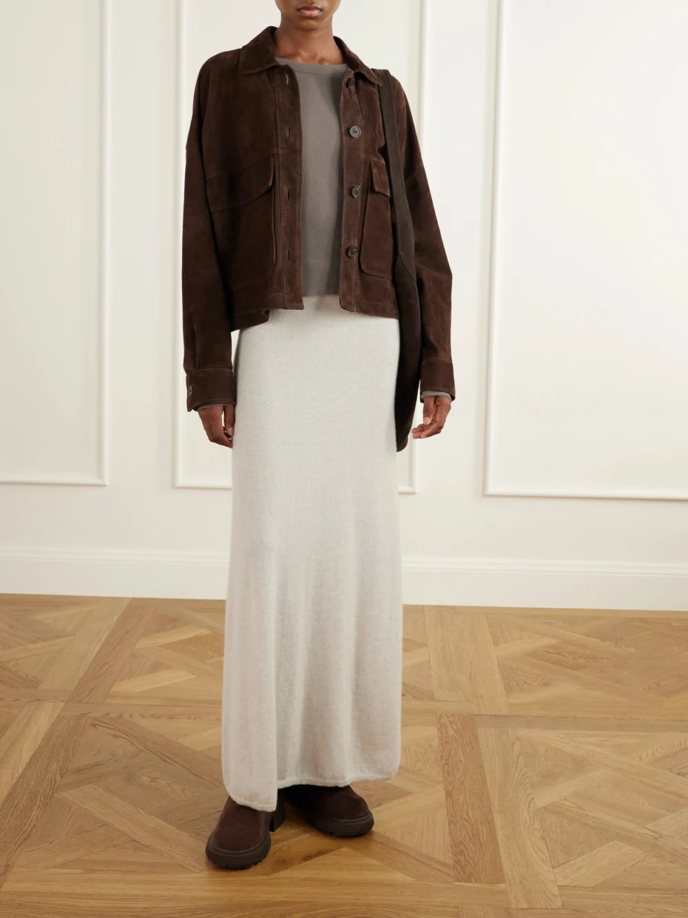 Jimmy Choo Tamia 70 Cable-knit Wool and Suede Chelsea Boots, styled view