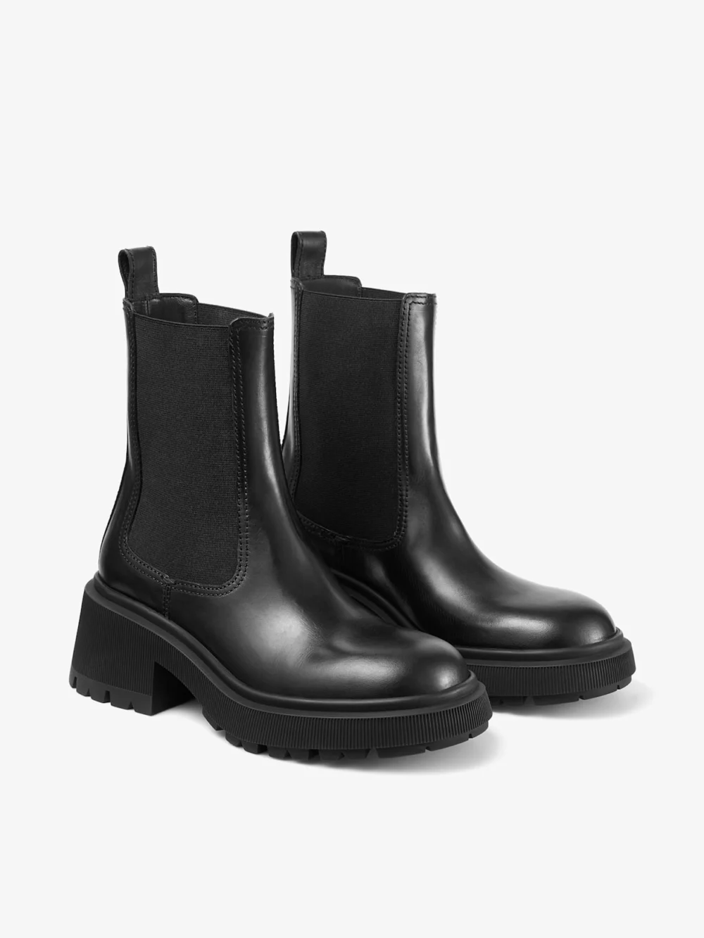 Close-up detail of the Jimmy Choo Tamia Chelsea Flat Black Shiny Calf Leather Chelsea Boots