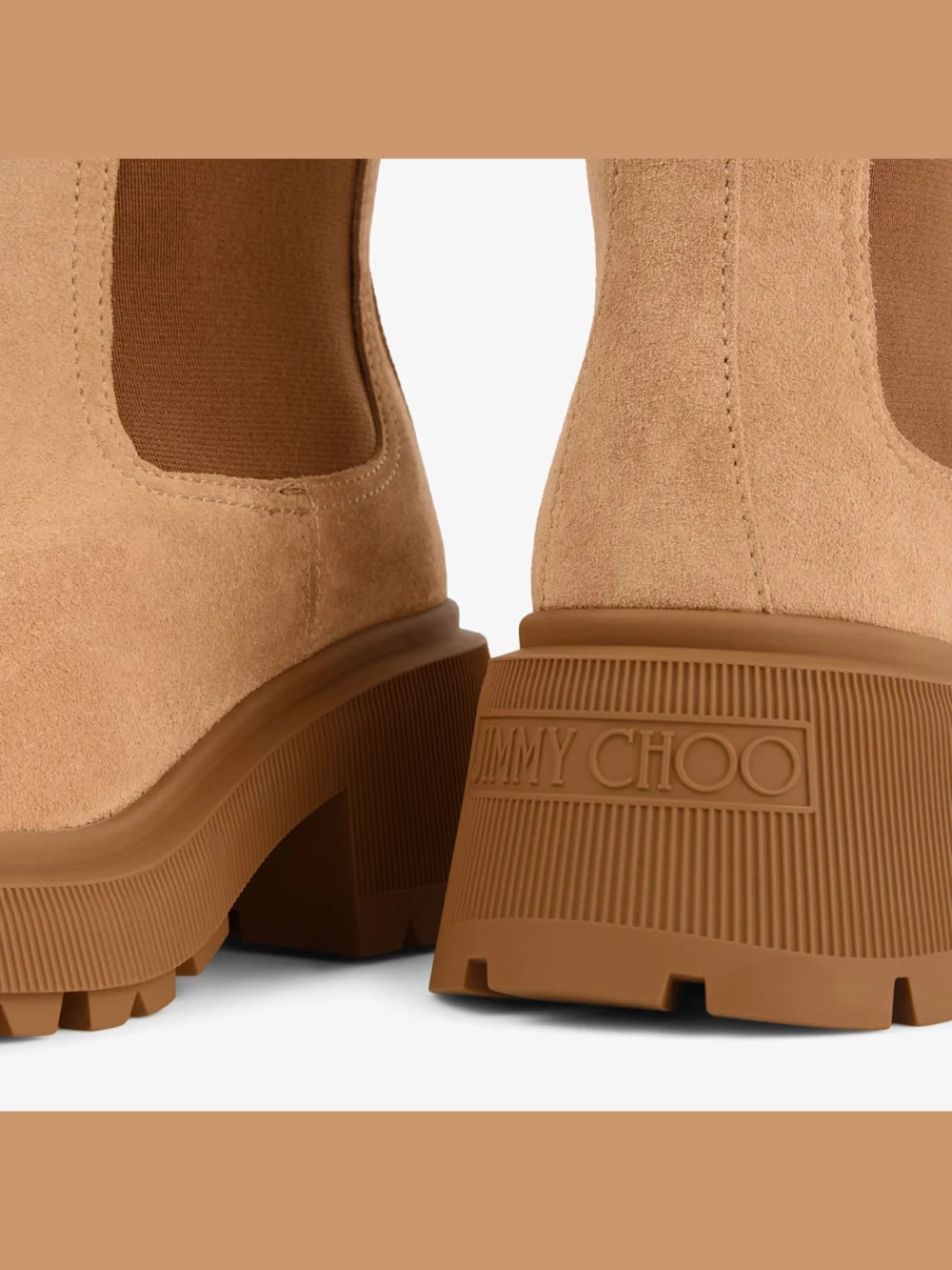 Back view of the Jimmy Choo Tamia Chelsea Flat Toffee Velvet Suede Chelsea Boots