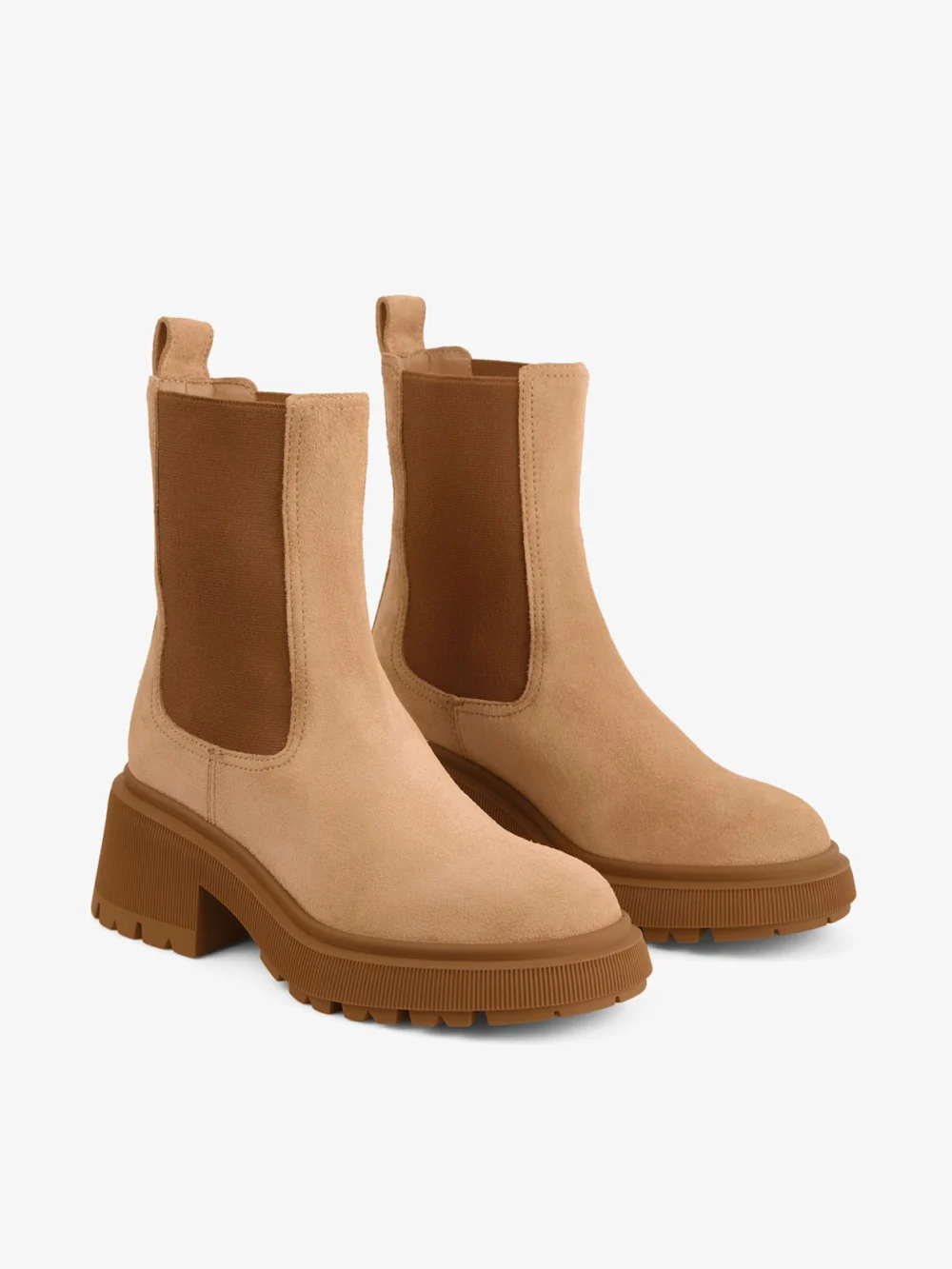 Close-up detail of the Jimmy Choo Tamia Chelsea Flat Toffee Velvet Suede Chelsea Boots