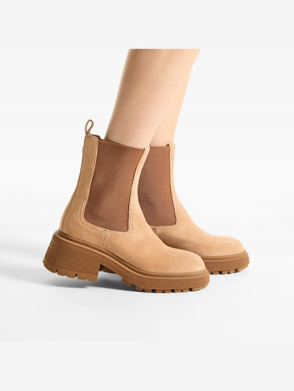 Side view of the Jimmy Choo Tamia Chelsea Flat Toffee Velvet Suede Chelsea Boots