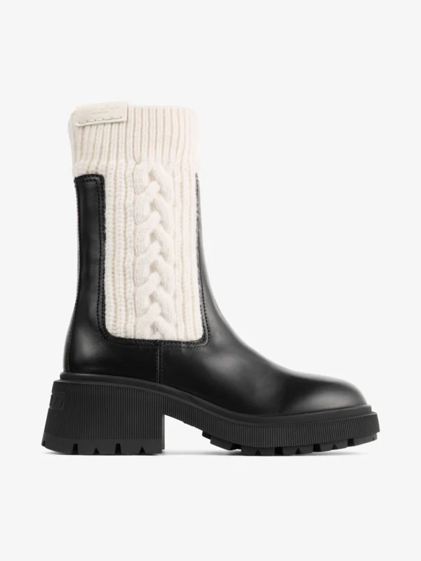Jimmy Choo Tamia Flat Black and Latte Shiny Calf Leather and Cable Knit Wool Chelsea Boots