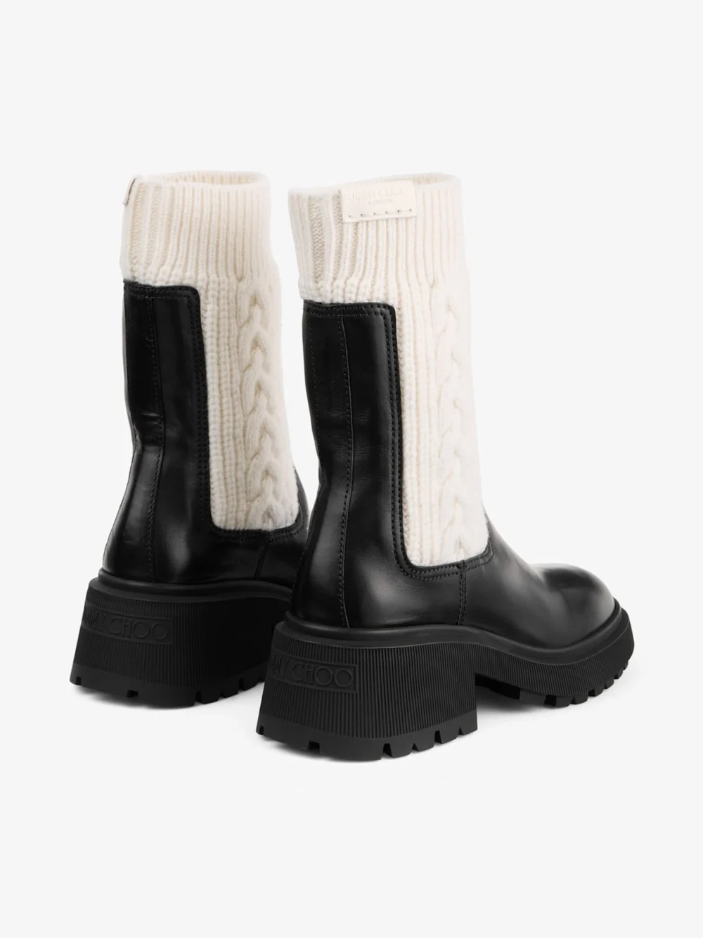 Jimmy Choo Tamia Flat Black and Latte Shiny Calf Leather and Cable Knit Wool Chelsea Boots, another view