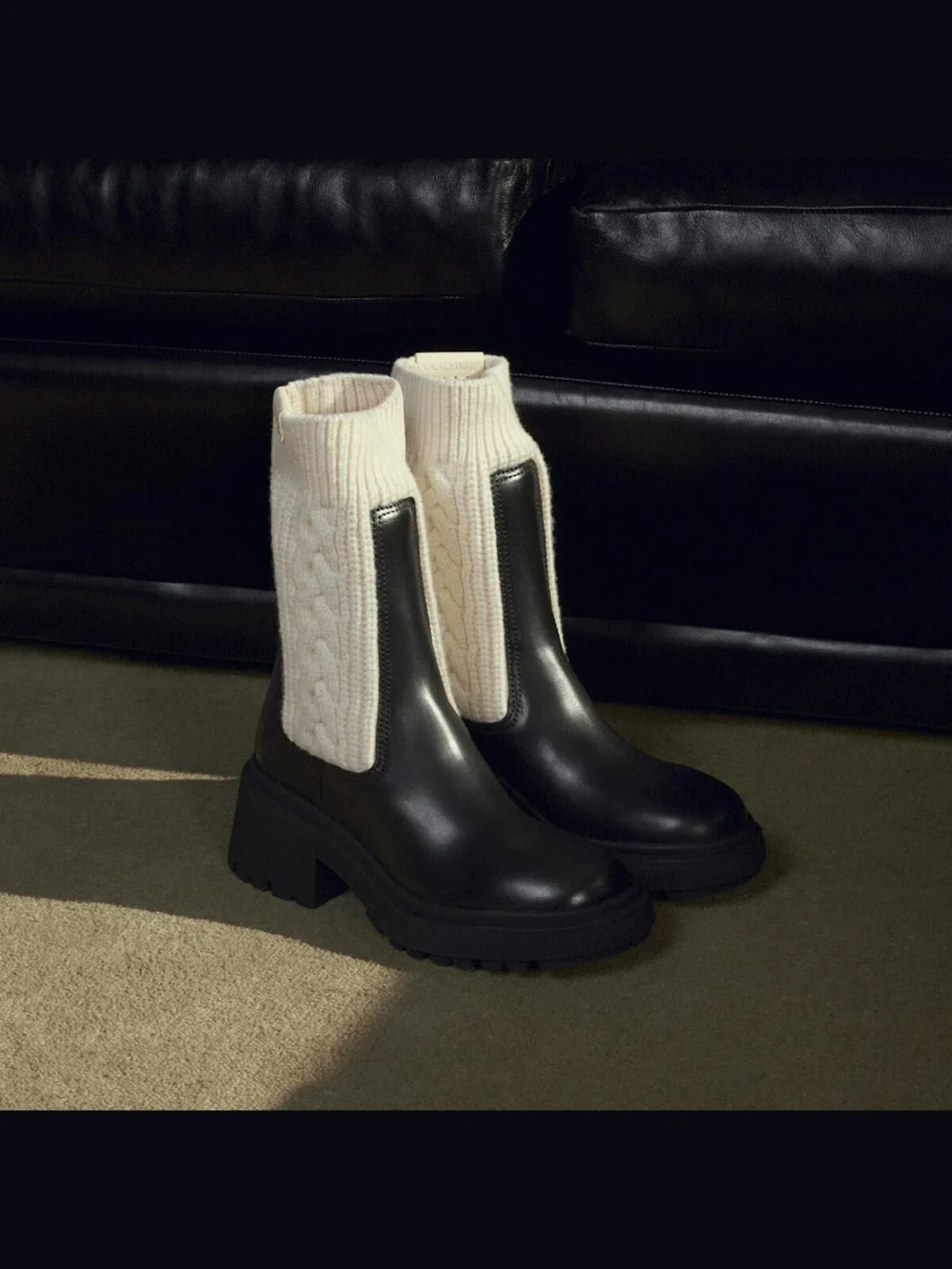 Jimmy Choo Tamia Flat Black and Latte Shiny Calf Leather and Cable Knit Wool Chelsea Boots, another view