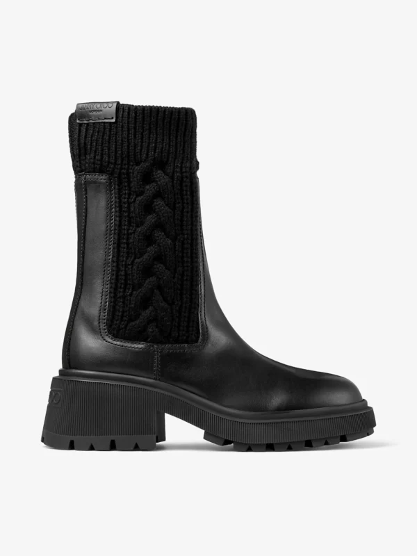 Jimmy Choo Tamia Flat Black Shiny Calf Leather Ankle Boots with Cable Knit