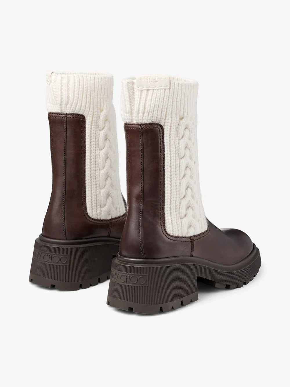 Back view of the Jimmy Choo Tamia Flat Chocolate Shiny Calf Leather Ankle Boots with Cable Knit