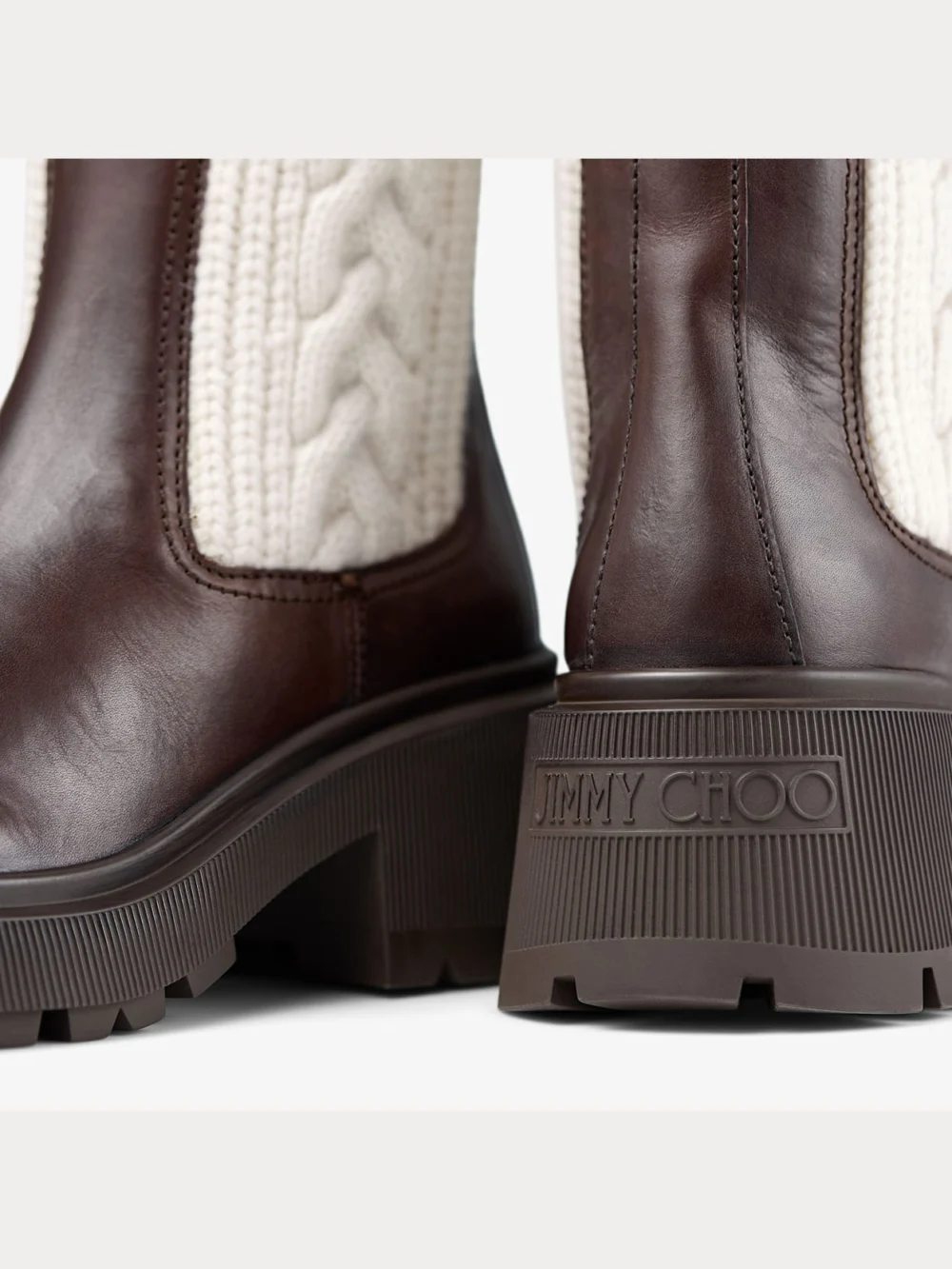 Close-up detail of the Jimmy Choo Tamia Flat Chocolate Shiny Calf Leather Ankle Boots with Cable Knit