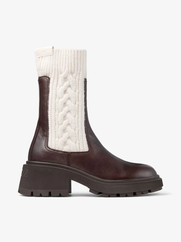 Jimmy Choo Tamia Flat Chocolate Shiny Calf Leather Ankle Boots with Cable Knit