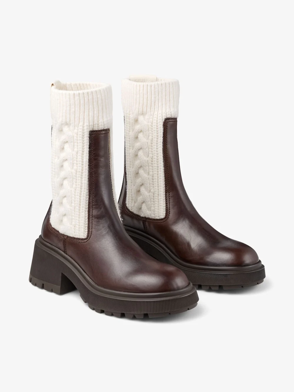 Side view of the Jimmy Choo Tamia Flat Chocolate Shiny Calf Leather Ankle Boots with Cable Knit