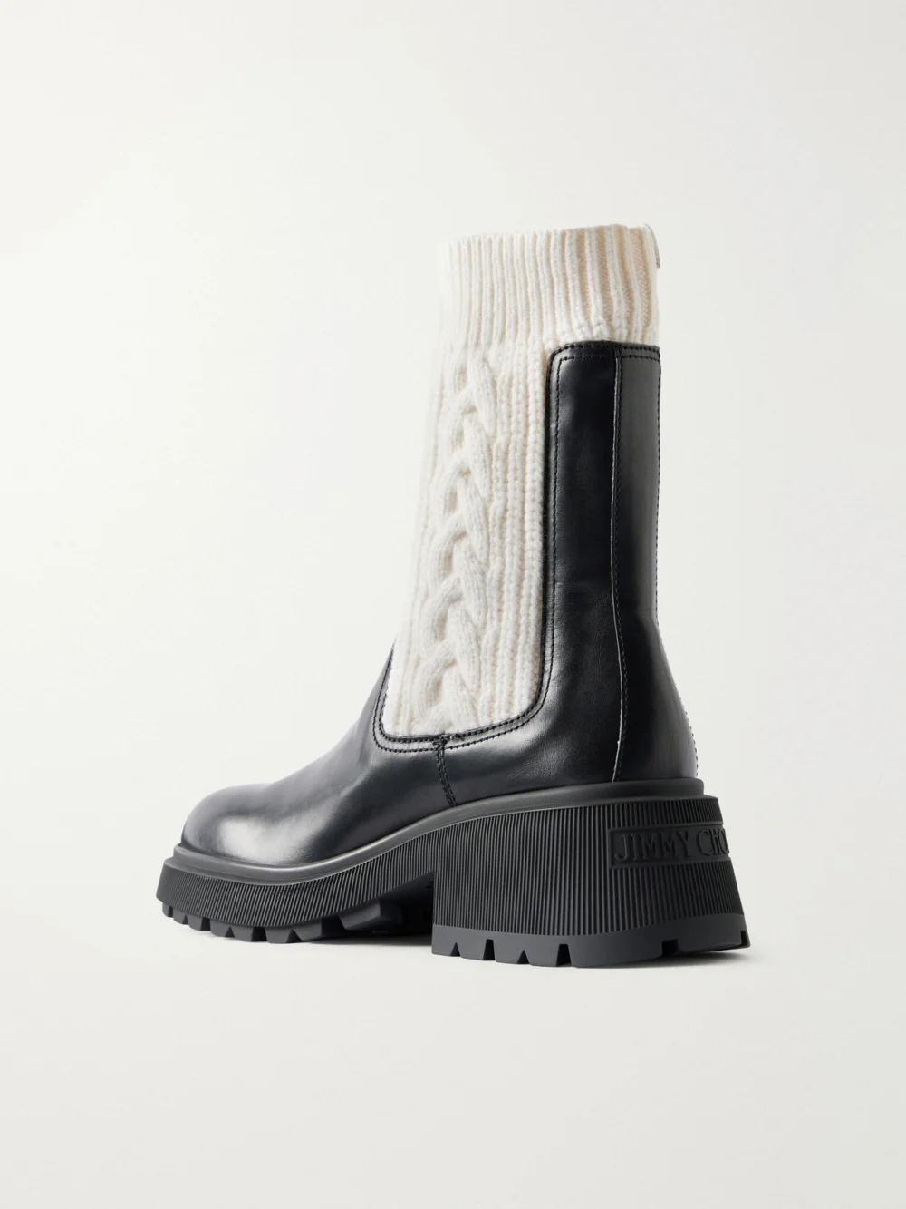 Back view of the Jimmy Choo Tamia Ribbed Cable-knit-trimmed Leather Ankle Boots