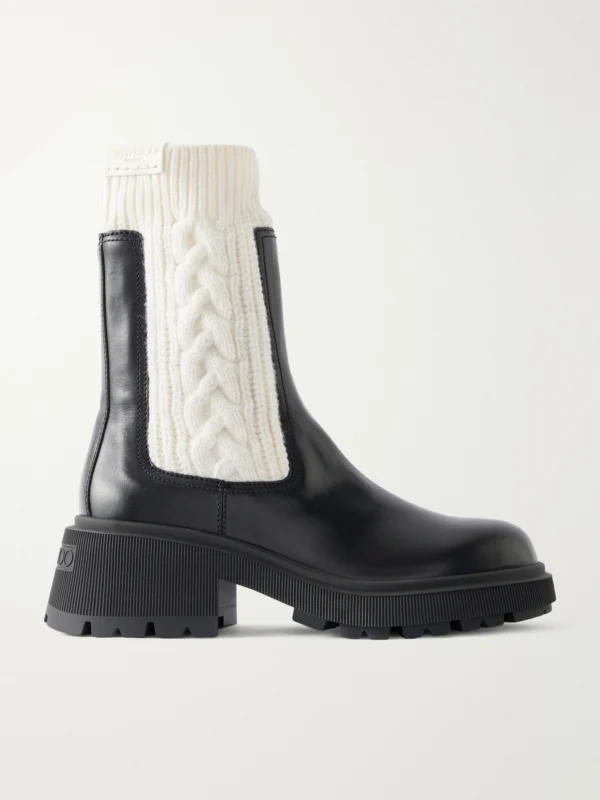 Jimmy Choo Tamia Ribbed Cable-knit-trimmed Leather Ankle Boots