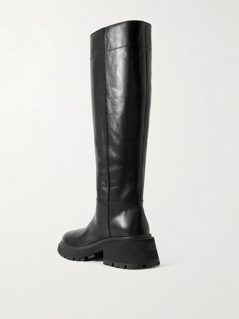 Back view of the Jimmy Choo Tasmin 70 Buckled Glossed-leather Knee Boots