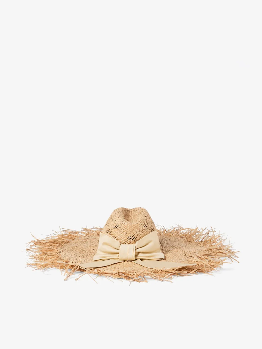 Back view of the Jimmy Choo Thalia Large Natural Raffia Hat with Ribbon Bow