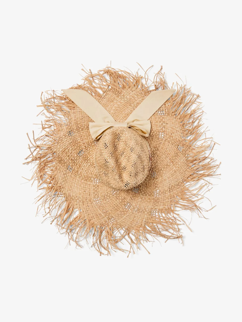 Close-up detail of the Jimmy Choo Thalia Large Natural Raffia Hat with Ribbon Bow