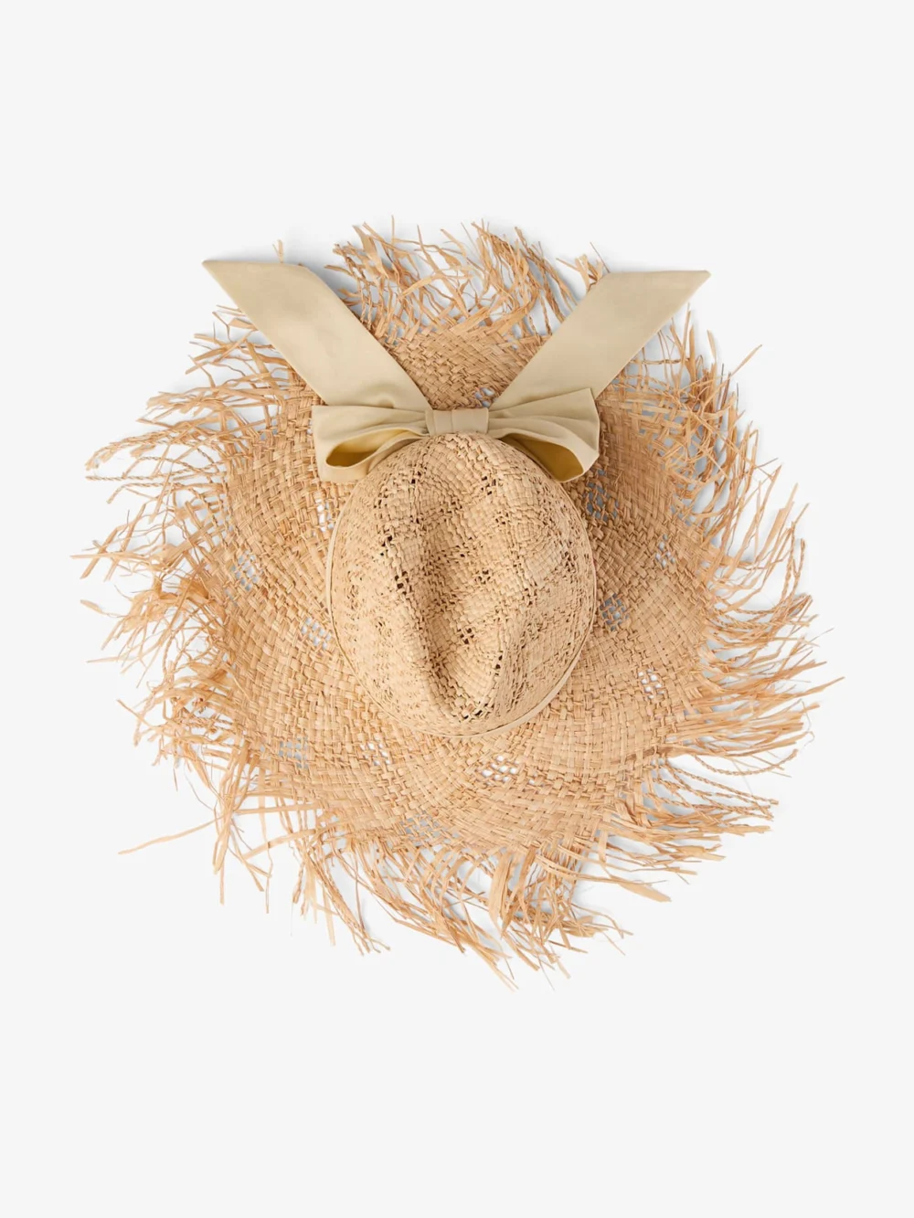 Close-up detail of the Jimmy Choo Thalia Small Natural Raffia Hat with Ribbon Bow