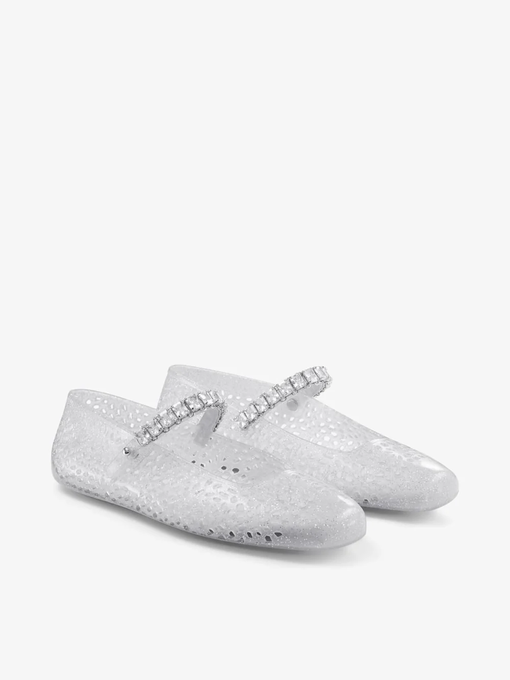 Close-up detail of the Jimmy Choo The Jelly Clear Jelly Ballerina Flats with Crystal Embellishment