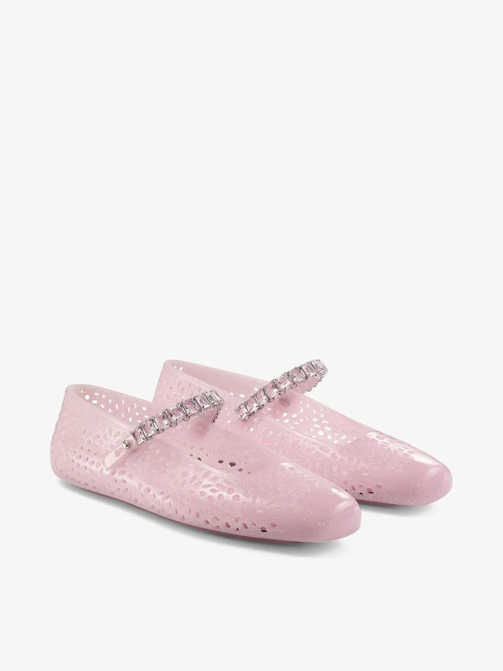 Close-up detail of the Jimmy Choo The Jelly Cotton Candy Jelly Ballerina Flats with Crystal Embellishment