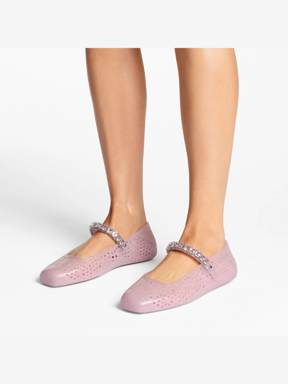 Side view of the Jimmy Choo The Jelly Cotton Candy Jelly Ballerina Flats with Crystal Embellishment