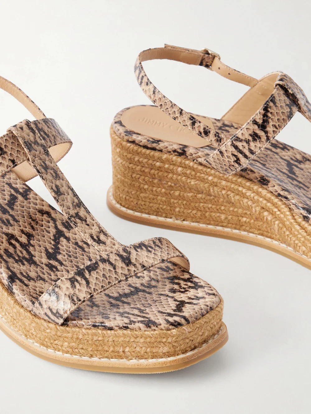 Close-up detail of the Jimmy Choo Theia 60 Snake-effect Leather Espadrilles Wedge Sandals