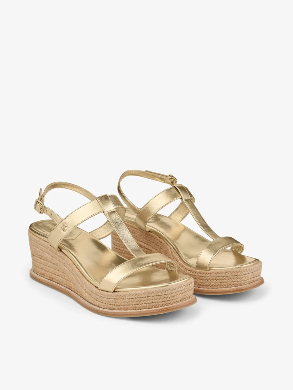 Close-up detail of the Jimmy Choo Theia Wedge 60 Gold Metallic Leather Wedge Sandals