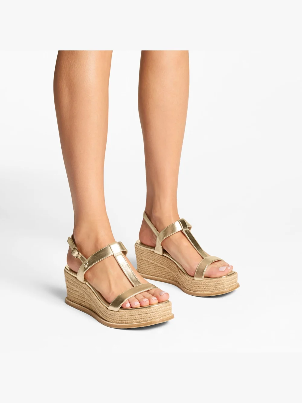 Side view of the Jimmy Choo Theia Wedge 60 Gold Metallic Leather Wedge Sandals