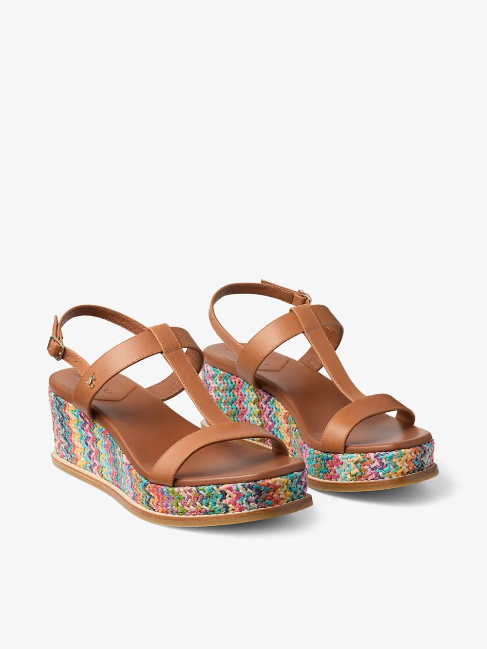 Close-up detail of the Jimmy Choo Theia Wedge 60 Multi Chevron Raffia Sandal Wedges