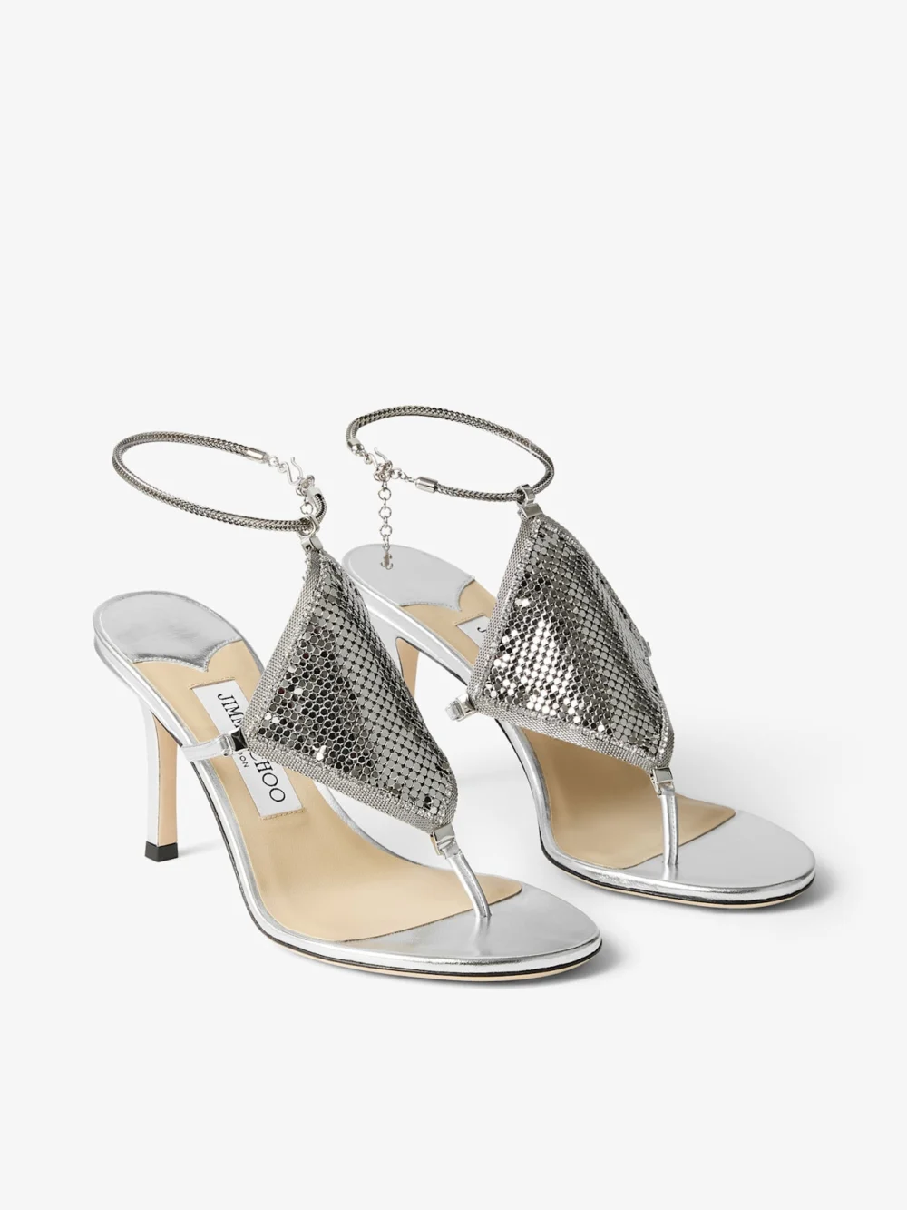 Close-up detail of the Jimmy Choo Thong Metallic Nappa Leather Sandal with Metal Mesh