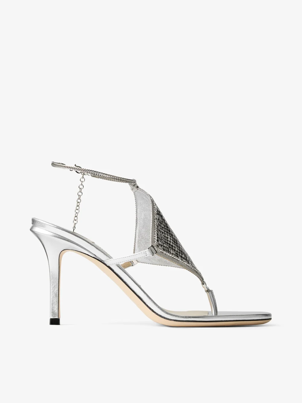 Jimmy Choo Thong Metallic Nappa Leather Sandal with Metal Mesh in silver