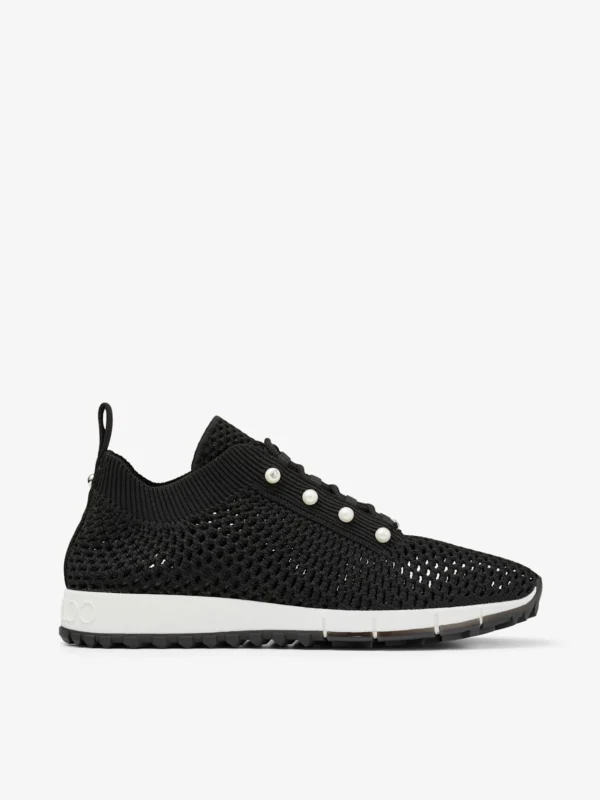 Jimmy Choo Veles Black Crochet Knit Low Top Trainers with Pearls