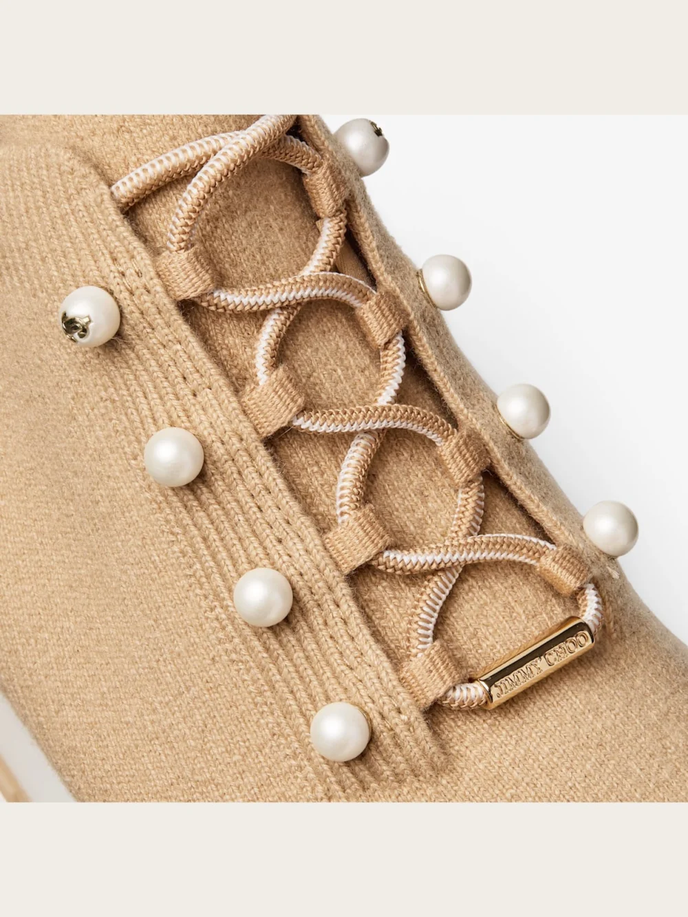 Back view of the Jimmy Choo Veles Chai Cashmere Melange Knit Trainers with Pearl Buttons